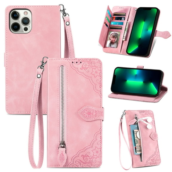 Feishell Case for iPhone 13 Pro, Embossed Card Slots Retro Leather Wallet Shockproof Flip Cover with Hand Strap Card Slots Zipper Pocket Kickstand Handbag Magnetic Closure, Pink