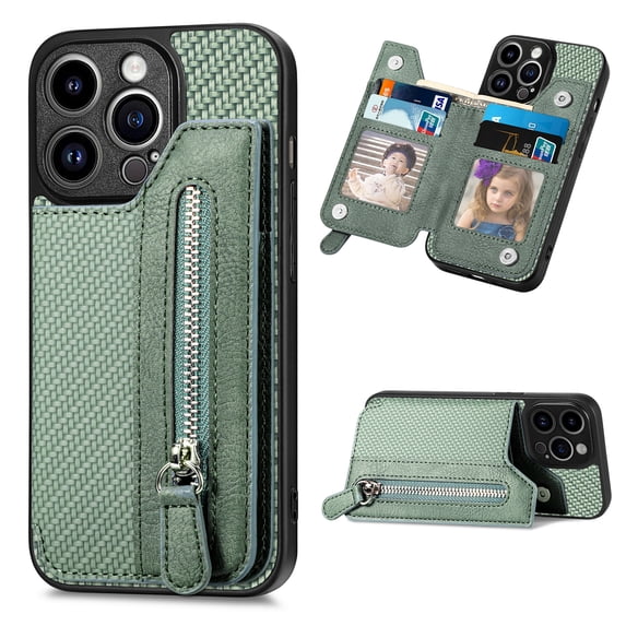 Feishell Case for iPhone 13 Pro Max 6.7 inch,Fiber Grain PU Leather Back Wallet Case with Credit Card Slots & Zipper Pocket Shockproof Magnetic Buckle Flip Kickstand Phone Case,Green