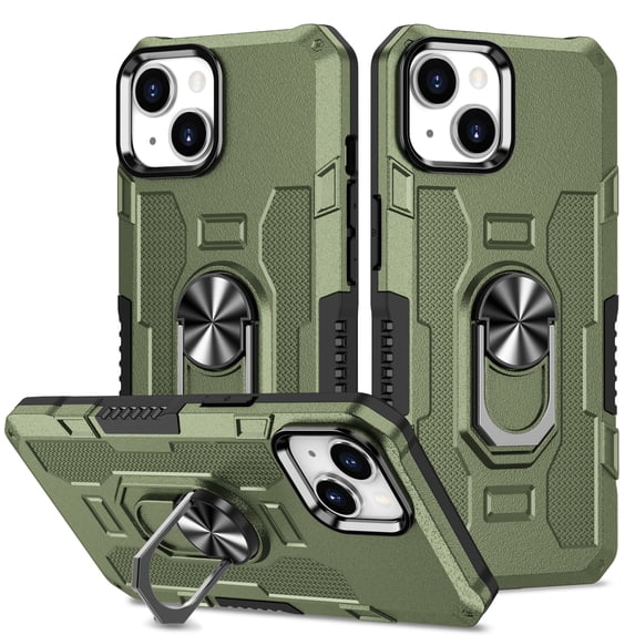 Feishell Case for iPhone 14 (6.1 inch),Shockproof Anti-Fingerprint Hybrid Armor Cover with 360° Rotation Finger Ring Holder Kickstand Magnetic Car Mount Rugged Protective Phone Case,Green