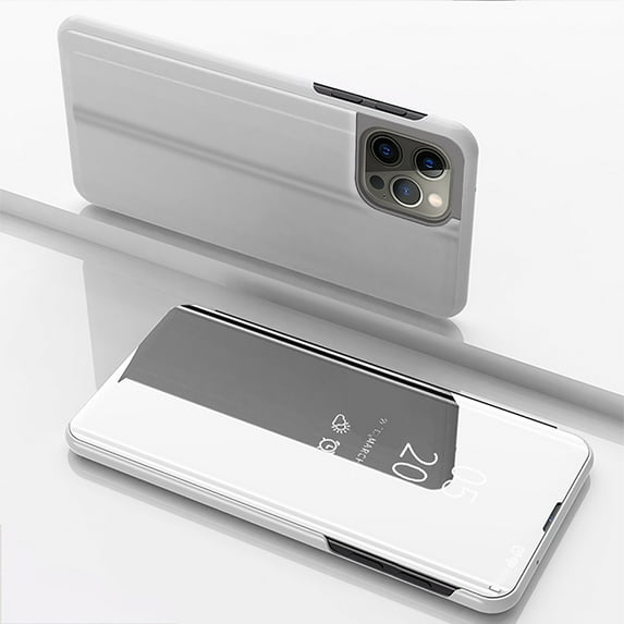 Feishell Case for iPhone 14 Pro Max (6.7 inch) Stylish Smart View Window Mirror Case Plating PC Folio Flip Stand Phone Cover PU Leather Anti-Scratch Ultra Slim Protective Case,Silver
