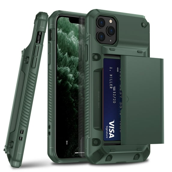 Feishell Case for iPhone 14 Case Wallet Credit Card Holder ID Slot Sliding Door Hidden Pocket Men Women Anti-Scratch Dual Layer Hybrid Bumper Armor Protective Hard Shell Back Cover, Green