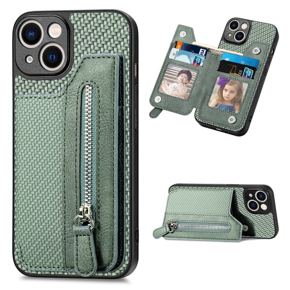 Feishell Case for iPhone 15 6.1 inch,Fiber Grain PU Leather Back Wallet Case with Credit Card Slots & Zipper Pocket Shockproof Magnetic Buckle Flip Kickstand Phone Case,Green