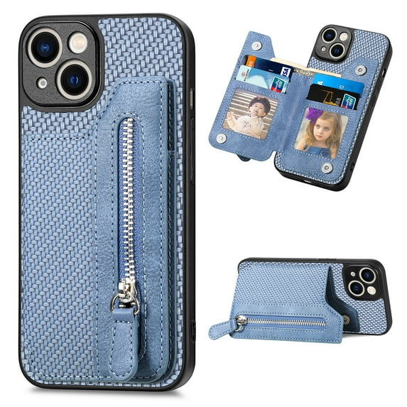 Feishell Case for iPhone 15 6.1 inch,Fiber Grain PU Leather Back Wallet Case with Credit Card Slots & Zipper Pocket Shockproof Magnetic Buckle Flip Kickstand Phone Case,Blue