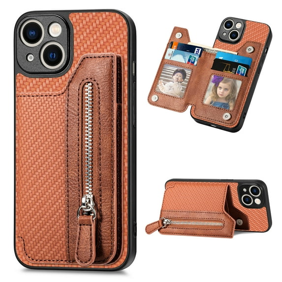 Feishell Case for iPhone 15 6.1 inch,Fiber Grain PU Leather Back Wallet Case with Credit Card Slots & Zipper Pocket Shockproof Magnetic Buckle Flip Kickstand Phone Case,Brown
