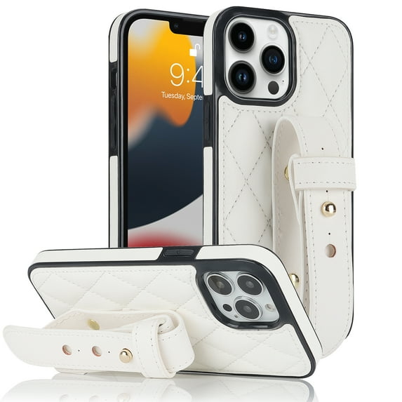 Feishell Case for iPhone 15 Pro Adjustable Wristband Kickstand Case, Classic PU Leather Three Gears Strap TPU Bumper Shockproof Lens Protection Cover for iPhone 15 Pro, White