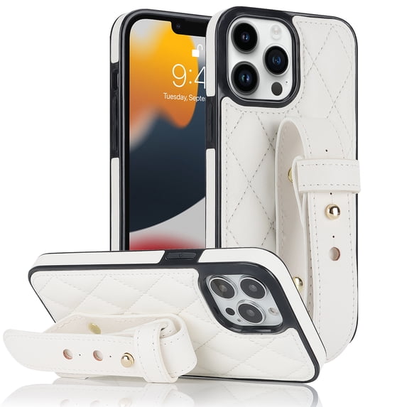Feishell Case for iPhone 15 Pro Adjustable Wristband Kickstand Case, Classic PU Leather Three Gears Strap TPU Bumper Shockproof Lens Protection Cover for iPhone 15 Pro, White