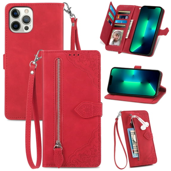 Feishell Case for iPhone 15 Pro Max, Embossed Card Slots Retro Leather Wallet Shockproof Flip Cover with Hand Strap Card Slots Zipper Pocket Kickstand Handbag Magnetic Closure, Red