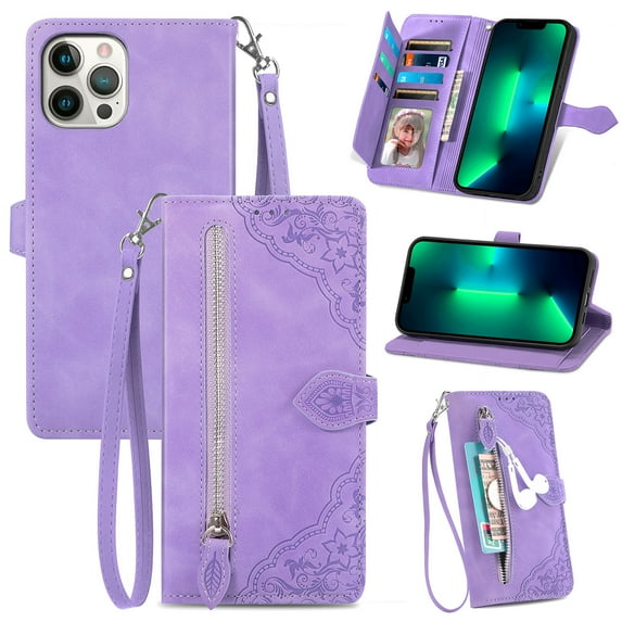 Feishell Case for iPhone 15 Pro Max, Embossed Card Slots Retro Leather Wallet Shockproof Flip Cover with Hand Strap Card Slots Zipper Pocket Kickstand Handbag Magnetic Closure, Purple
