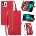 thumbnail image 1 of Feishell Case for iPhone 15 Pro Max, Embossed Card Slots Retro Leather Wallet Shockproof Flip Cover with Hand Strap Card Slots Zipper Pocket Kickstand Handbag Magnetic Closure, Red, 1 of 7