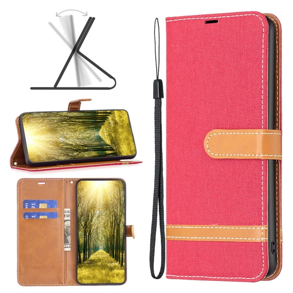 Feishell Case for iPhone 16 Cloth Texture Premium PU Leather Simple Wallet Case [Credit Card Slots] [Kickstand] [Magnetic Closure] [Wrist Strap] Shockproof Flip Cover,Red