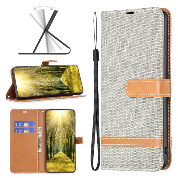 Feishell Case for iPhone 16 Cloth Texture Premium PU Leather Simple Wallet Case [Credit Card Slots] [Kickstand] [Magnetic Closure] [Wrist Strap] Shockproof Flip Cover,Gray