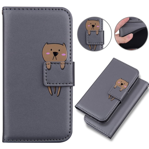 Feishell Case for iPhone 16, Cute Cartoon Animal Patterned Magnetic Buckle Folio Credit Card Slots Shockproof PU Leather Flip Kickstand Anti-Scratch Wallet Phone Case,Gray