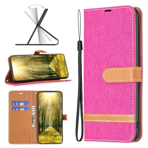 Feishell Case for iPhone 16 Plus Cloth Texture Premium PU Leather Simple Wallet Case [Credit Card Slots] [Kickstand] [Magnetic Closure] [Wrist Strap] Shockproof Flip Cover,Rose