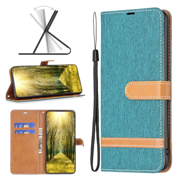 Feishell Case for iPhone 16 Plus Cloth Texture Premium PU Leather Simple Wallet Case [Credit Card Slots] [Kickstand] [Magnetic Closure] [Wrist Strap] Shockproof Flip Cover,Green