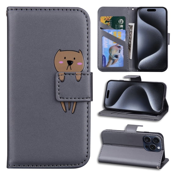 Feishell Case for iPhone 16 Pro, Cute Cartoon Animal Patterned Magnetic Buckle Folio Credit Card Slots Shockproof PU Leather Flip Kickstand Anti-Scratch Wallet Phone Case,Gray
