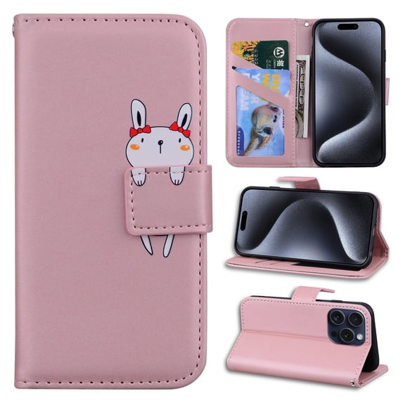 Feishell Case for iPhone 16 Pro, Cute Cartoon Animal Patterned Magnetic Buckle Folio Credit Card Slots Shockproof PU Leather Flip Kickstand Anti-Scratch Wallet Phone Case,Rosegold