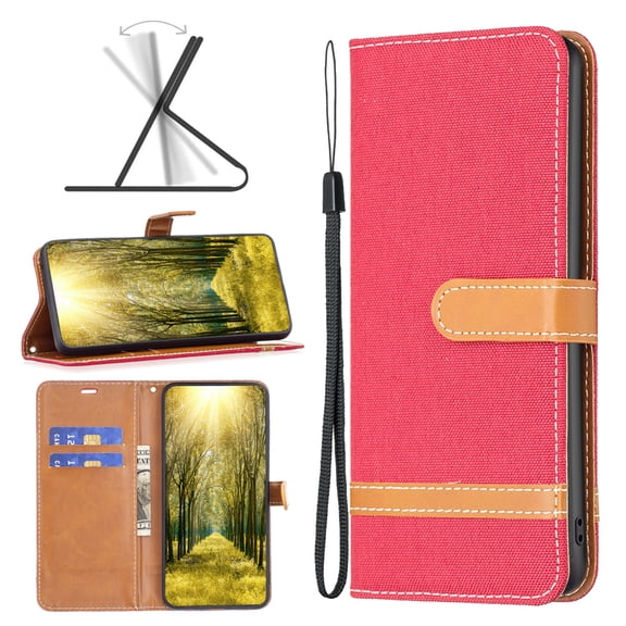 Feishell Case for iPhone 16 Pro Max Cloth Texture Premium PU Leather Simple Wallet Case [Credit Card Slots] [Kickstand] [Magnetic Closure] [Wrist Strap] Shockproof Flip Cover,Red
