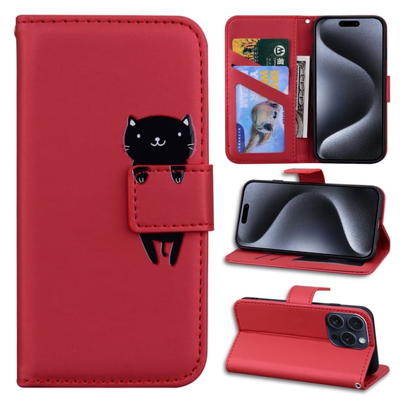 Feishell Case for iPhone 16 Pro Max, Cute Cartoon Animal Patterned Magnetic Buckle Folio Credit Card Slots Shockproof PU Leather Flip Kickstand Anti-Scratch Wallet Phone Case,Red