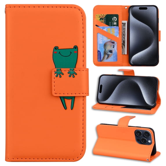 Feishell Case for iPhone 16 Pro Max, Cute Cartoon Animal Patterned Magnetic Buckle Folio Credit Card Slots Shockproof PU Leather Flip Kickstand Anti-Scratch Wallet Phone Case,Orange