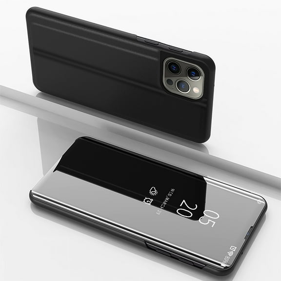 Feishell Case for iPhone 16 Pro Stylish Smart Clear View Window Mirror Case Plating PC Folio Flip Kickstand Phone Cover PU Leather Anti-Scratch Ultra Slim Protective Case,Black