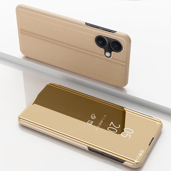 Feishell Case for iPhone 16 Stylish Smart Clear View Window Mirror Case Plating PC Folio Flip Kickstand Phone Cover PU Leather Anti-Scratch Ultra Slim Protective Case,Gold