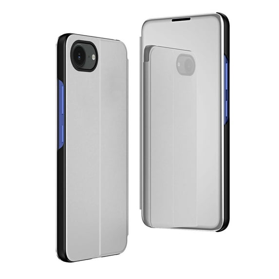 Feishell Case for iPhone 16e Stylish Smart Clear View Window Mirror Case Plating PC Folio Flip Kickstand Phone Cover PU Leather Anti-Scratch Ultra Slim Protective Case,Silver