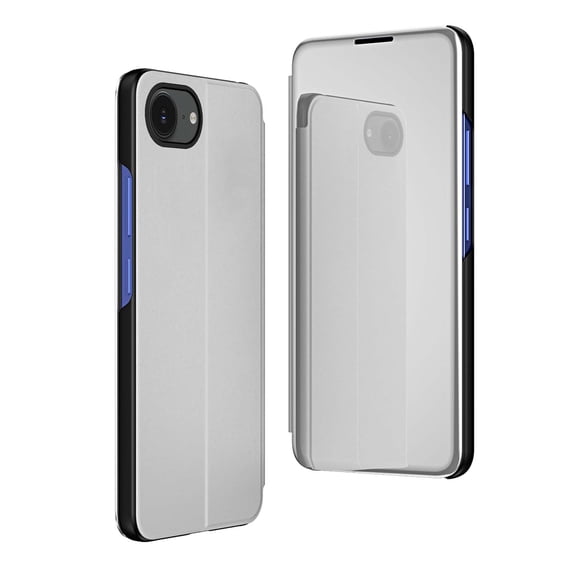 Feishell Case for iPhone 16e Stylish Smart Clear View Window Mirror Case Plating PC Folio Flip Kickstand Phone Cover PU Leather Anti-Scratch Ultra Slim Protective Case,Silver