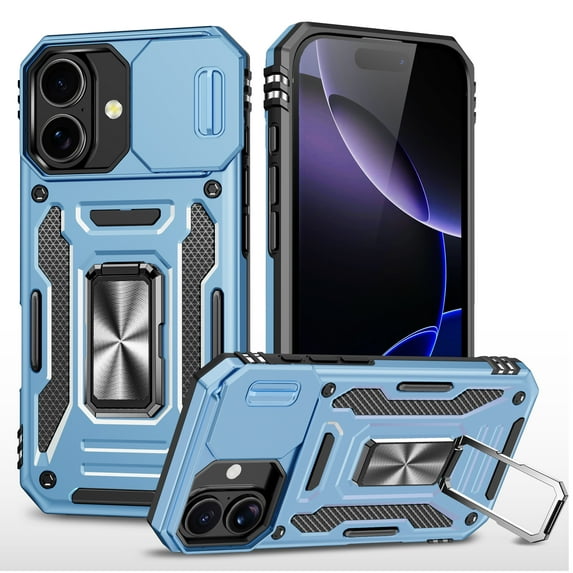 Feishell Case for iPhone 17 Camera Lens Slide Protection Cover with Ring Holder Kickstand, Armor Heavy Duty Military Grade Shockproof PC Rugged Bumper Case,Lightblue