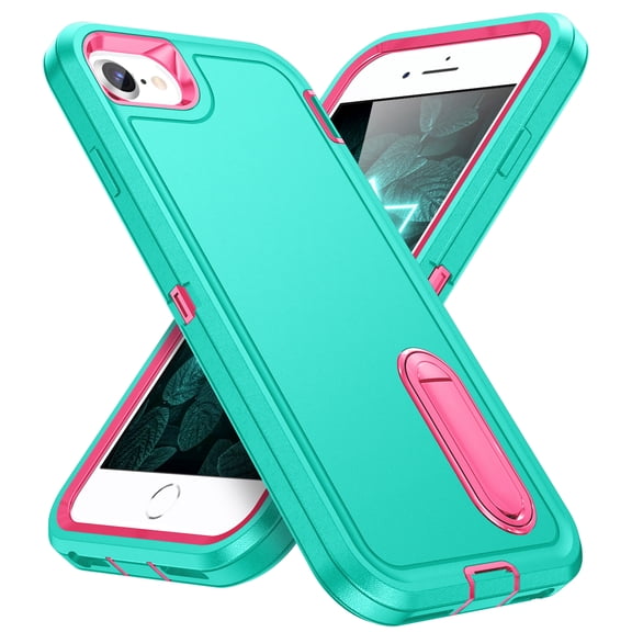 Feishell Case for iPhone 7/8/SE 2020/SE 2022 4.7 inch,Heavy Duty 3 Layer Military Protection with Hidden Kickstand Shock Resistant Armor Hybrid Bumper Rugged Rubber Phone Cover,Mint+Rose