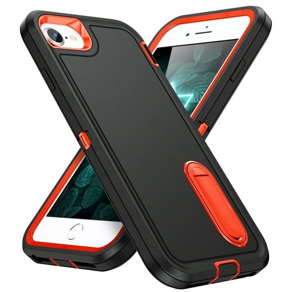 Feishell Case for iPhone 7/8/SE 2020/SE 2022 4.7 inch,Heavy Duty 3 Layer Military Protection with Hidden Kickstand Shock Resistant Armor Hybrid Bumper Rugged Rubber Phone Cover,Black+Orange