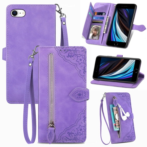 Feishell Case For iPhone 7/8/SE 2020/SE 2022, Embossed Card Slots Retro Leather Wallet Shockproof Flip Cover with Hand Strap Card Slots Zipper Pocket Kickstand Handbag Magnetic Closure, Purple