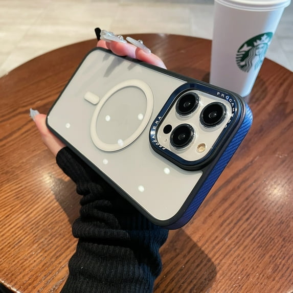 Feishell Clear Magnetic Case for iPhone 15 with Carbon Fibre Pattern Bumper, Compatible with MagSafe, Non-slip Slim Shockproof Transparent PC Back Soft TPU Frame Case,Darkblue