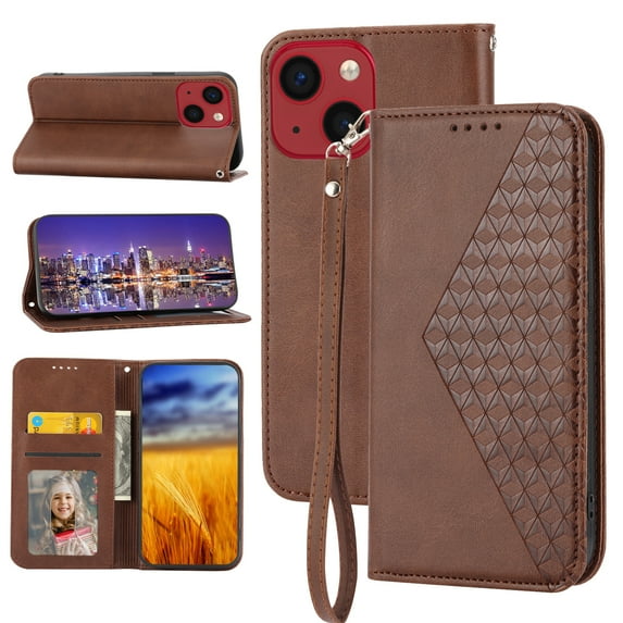 Feishell Compatible with Apple iPhone 15 Slim Wallet Case with ID Credit Card Slots & Wrist Strap,Shockproof PU Leather Magnetic Closure Folio Flip Kickstand Protective Phone Cover,Brown