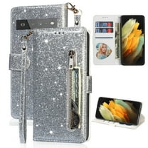 Feishell Compatible with Google Pixel 6 Wallet Case,Glitter Sparkly Bling PU Leather Zipper Pocket with Credit Card Holder Slots Shockproof Magnetic Clasp Folio Flip Stand Phone Case,Silver