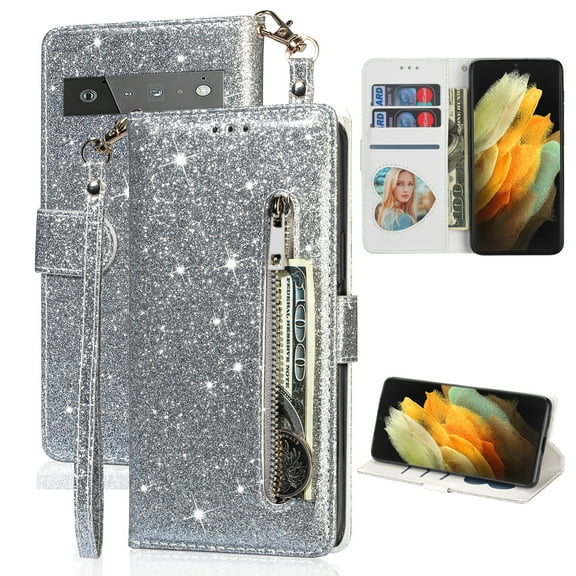 Feishell Compatible with Google Pixel 6 Wallet Case,Glitter Sparkly Bling PU Leather Zipper Pocket with Credit Card Holder Slots Shockproof Magnetic Clasp Folio Flip Stand Phone Case,Silver