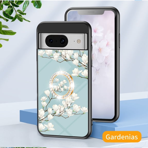 Feishell Compatible with Google Pixel 9 / 9 Pro Flower Pattern Case with Diamond Ring Holder Support Magnetic Car Mount,Shockproof Luxury Glossy Glass Slim Phone Case for Women Girls,D