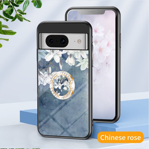 Feishell Compatible with Google Pixel 9 Pro XL Flower Pattern Case with Diamond Ring Holder Support Magnetic Car Mount,Shockproof Luxury Glossy Glass Slim Phone Case for Women Girls,E
