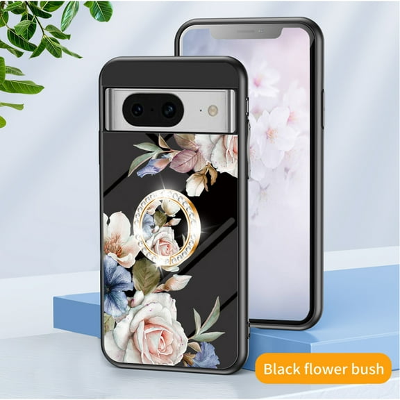 Feishell Compatible with Google Pixel 9 Pro XL Flower Pattern Case with Diamond Ring Holder Support Magnetic Car Mount,Shockproof Luxury Glossy Glass Slim Phone Case for Women Girls,B