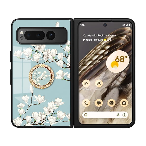 Feishell Compatible with Google Pixel Fold 7.6 inch Flower Pattern Case with Diamond Ring Holder,Shockproof Light Luxury Glossy Glass Folding Slim Phone Case for Women Girls,D