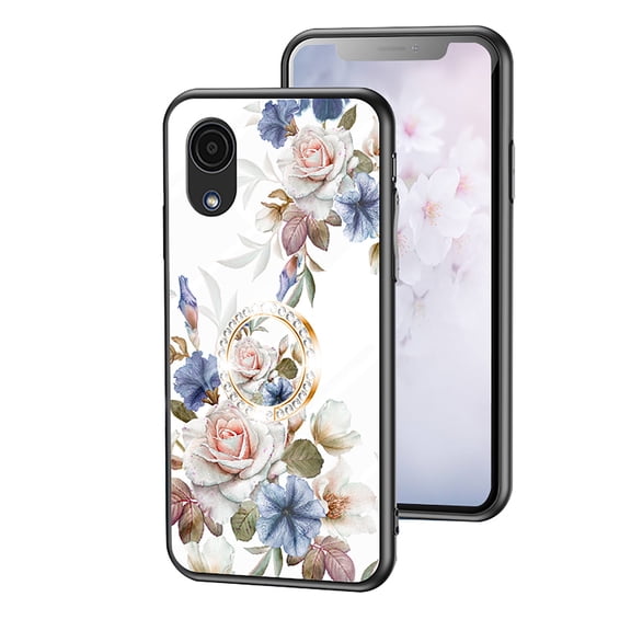 Feishell Compatible with Samsung Galaxy A03 Core 6.5 inch Flower Pattern Case with Diamond Ring Holder Support Magnetic Car Mount,Shockproof Luxury Glossy Glass Slim Phone Case for Women Girls,A