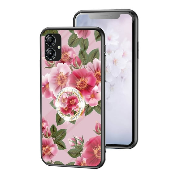 Feishell Compatible with Samsung Galaxy A04e 6.5 inch Flower Pattern Case with Diamond Ring Holder Support Magnetic Car Mount,Shockproof Luxury Glossy Glass Slim Phone Case for Women Girls,F