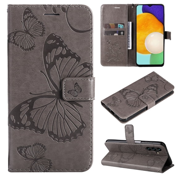 Feishell Compatible with Samsung Galaxy A14 5G (6.6 inch) Wallet Case with Wrist Strap,for Men Women,Butterfly Embossed PU Leather Flip Stand Card Slots Protective Phone Cover,Gray