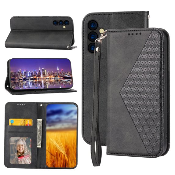 Feishell Compatible with Samsung Galaxy A14 5G Slim Wallet Case with ID Credit Card Slots & Wrist Strap,Shockproof PU Leather Magnetic Closure Folio Flip Kickstand Protective Phone Cover,Black