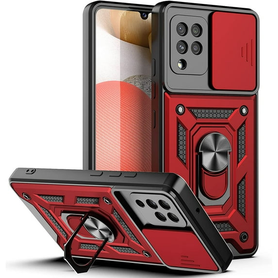 Feishell Compatible with Samsung Galaxy A42 5G Case with Sliding Camera Lens Cover and Ring Kickstand Heavy Duty Military Grade Protection Phone Shockproof Back Cover for Samsung A42 5G, Red