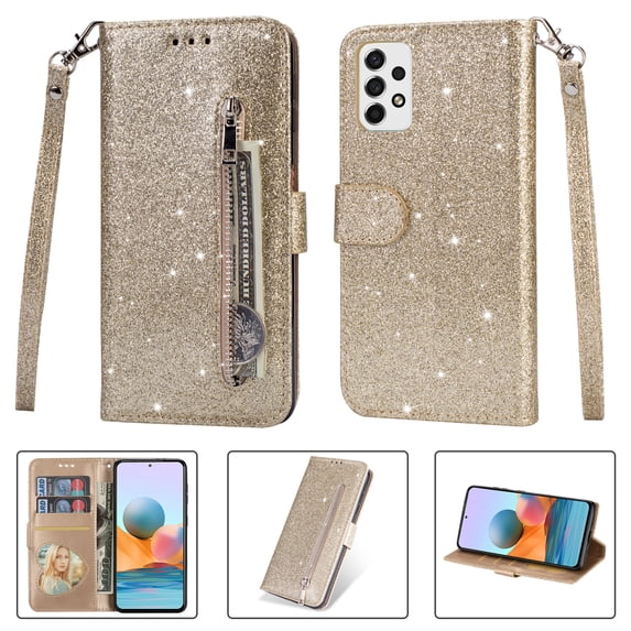 Feishell Compatible with Samsung Galaxy A53 5G Wallet Case,Glitter Sparkly Bling PU Leather Zipper Pocket with Credit Card Holder Slots Shockproof Magnetic Clasp Folio Flip Stand Phone Case,Gold
