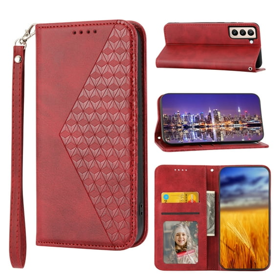 Feishell Compatible with Samsung Galaxy S21 FE 5G Slim Wallet Case with ID Credit Card Slots & Wrist Strap,Shockproof PU Leather Magnetic Closure Folio Flip Kickstand Protective Phone Cover,Red
