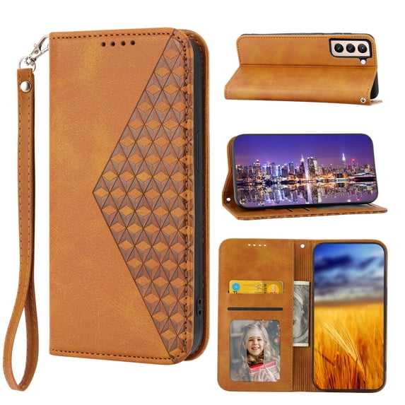 Feishell Compatible with Samsung Galaxy S21 FE 5G Slim Wallet Case with ID Credit Card Slots & Wrist Strap,Shockproof PU Leather Magnetic Closure Folio Flip Kickstand Protective Phone Cover,Yellow