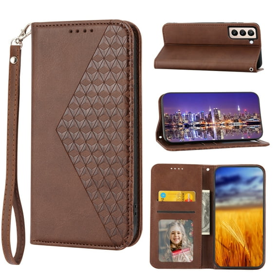 Feishell Compatible with Samsung Galaxy S21 FE 5G Slim Wallet Case with ID Credit Card Slots & Wrist Strap,Shockproof PU Leather Magnetic Closure Folio Flip Kickstand Protective Phone Cover,Brown