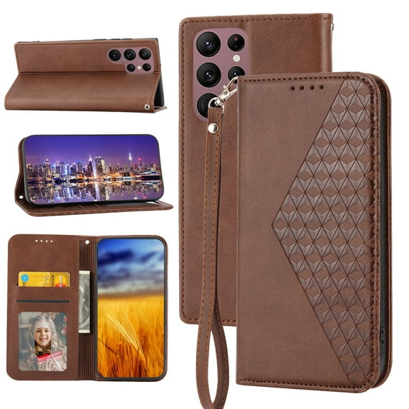Feishell Compatible with Samsung Galaxy S22 Ultra 5G Slim Wallet Case with ID Credit Card Slots & Wrist Strap,Shockproof PU Leather Magnetic Closure Folio Flip Kickstand Protective Phone Cover,Brown