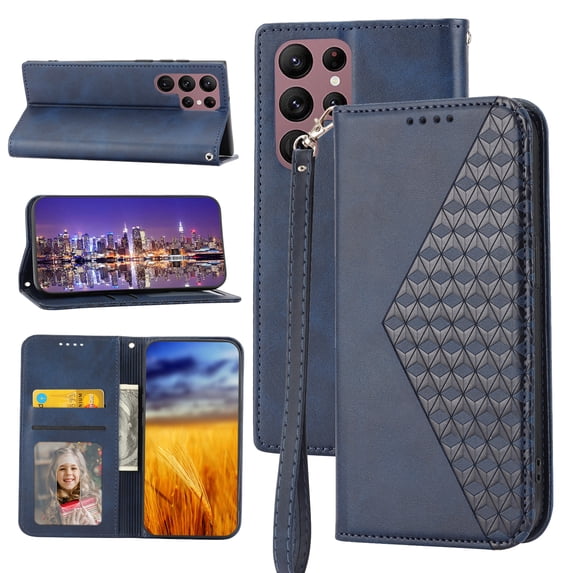 Feishell Compatible with Samsung Galaxy S22 Ultra 5G Slim Wallet Case with ID Credit Card Slots & Wrist Strap,Shockproof PU Leather Magnetic Closure Folio Flip Kickstand Protective Phone Cover,Blue